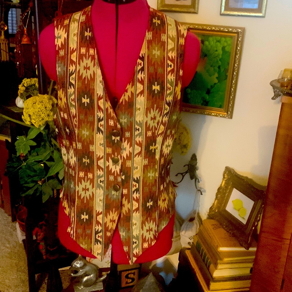 VINTAGE 90s denim republic button up Southwest Aztec Tapestry vest brown cream L